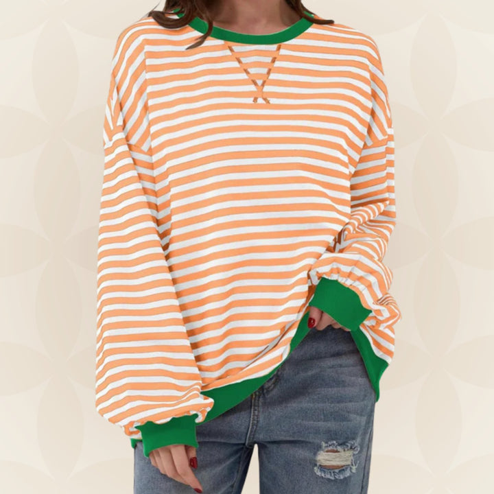 Genevieve oversized striped sweatshirt with green contrast trim, front view
