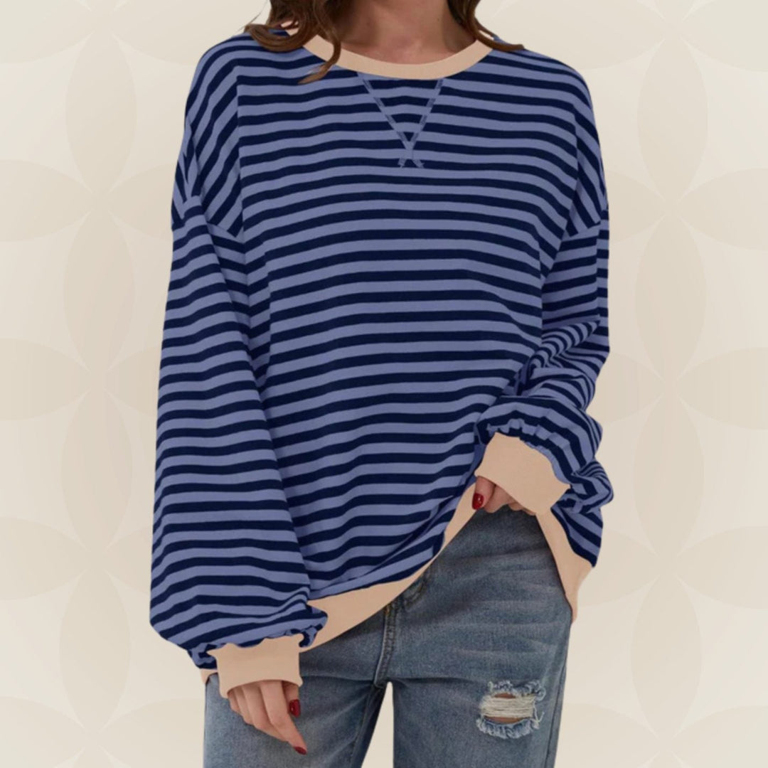 Genevieve oversized striped sweatshirt with beige contrast trim, front view