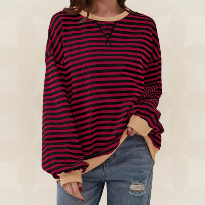 Genevieve oversized striped sweatshirt with tan contrast trim, front view
