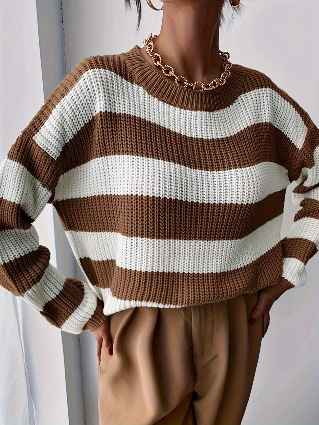 Genevieve striped sweater, close-up front view with crew neckline