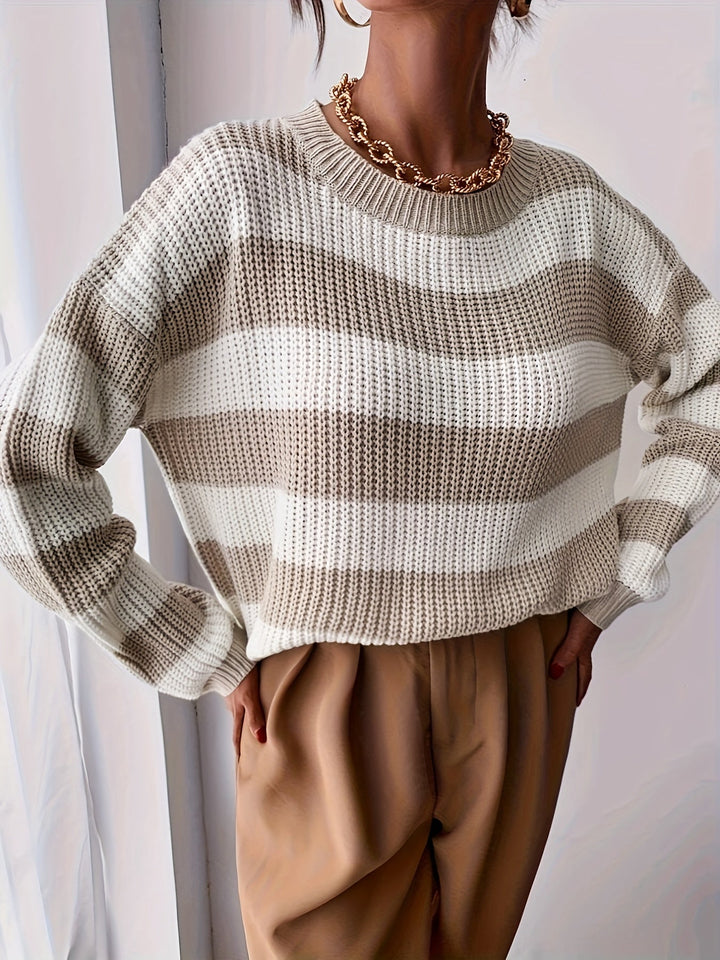 Genevieve striped sweater, close-up front view with crew neckline