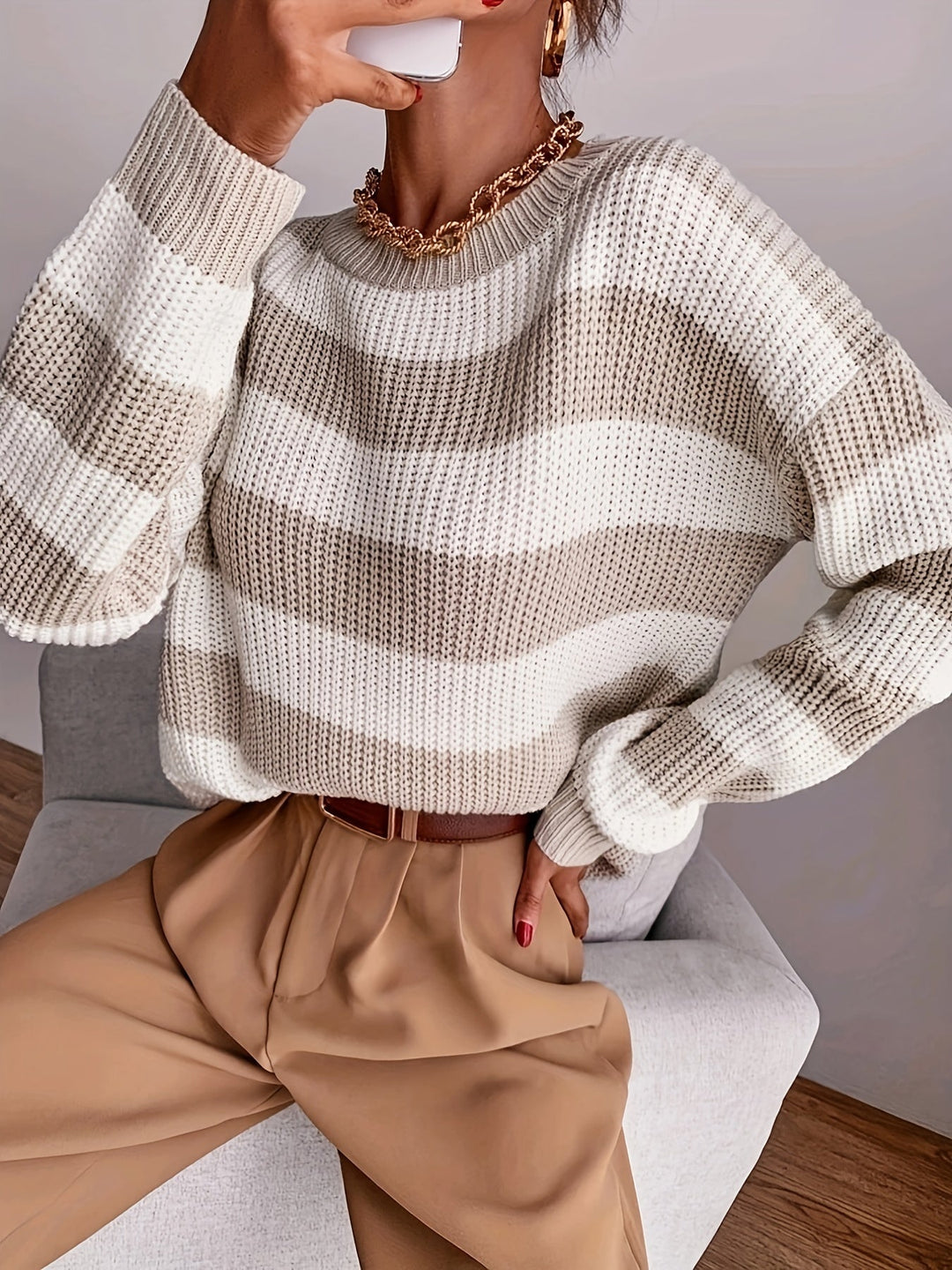 Genevieve striped sweater, close-up front view with crew neckline