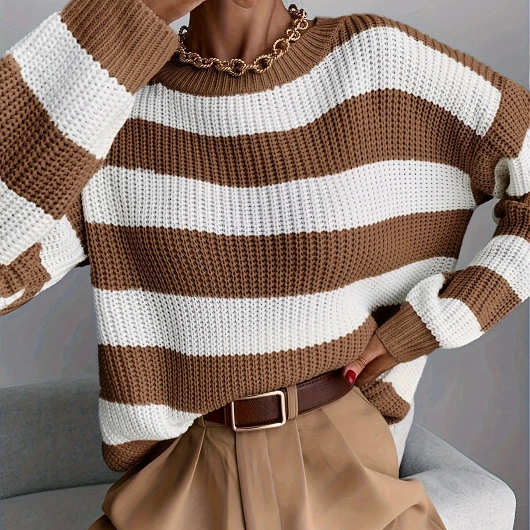 Genevieve striped sweater, close-up front view with crew neckline