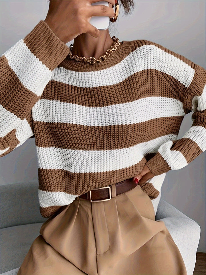 Genevieve striped sweater, close-up front view with crew neckline