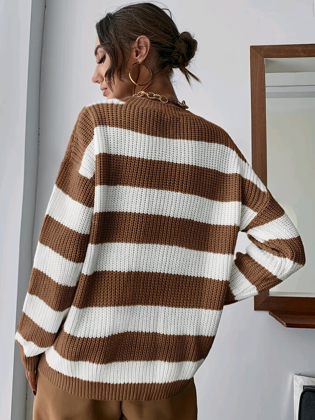 Genevieve striped sweater, close-up front view with crew neckline