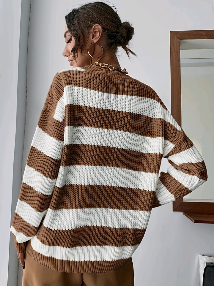 Genevieve striped sweater, close-up front view with crew neckline