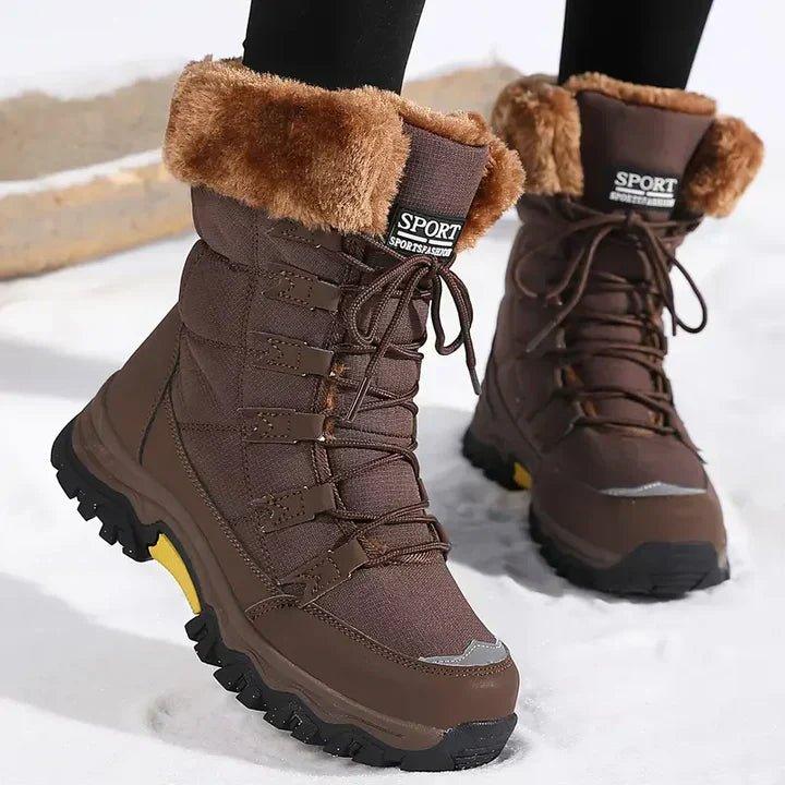 Genevieve waterproof snow boots in brown with fur trim, side angled view