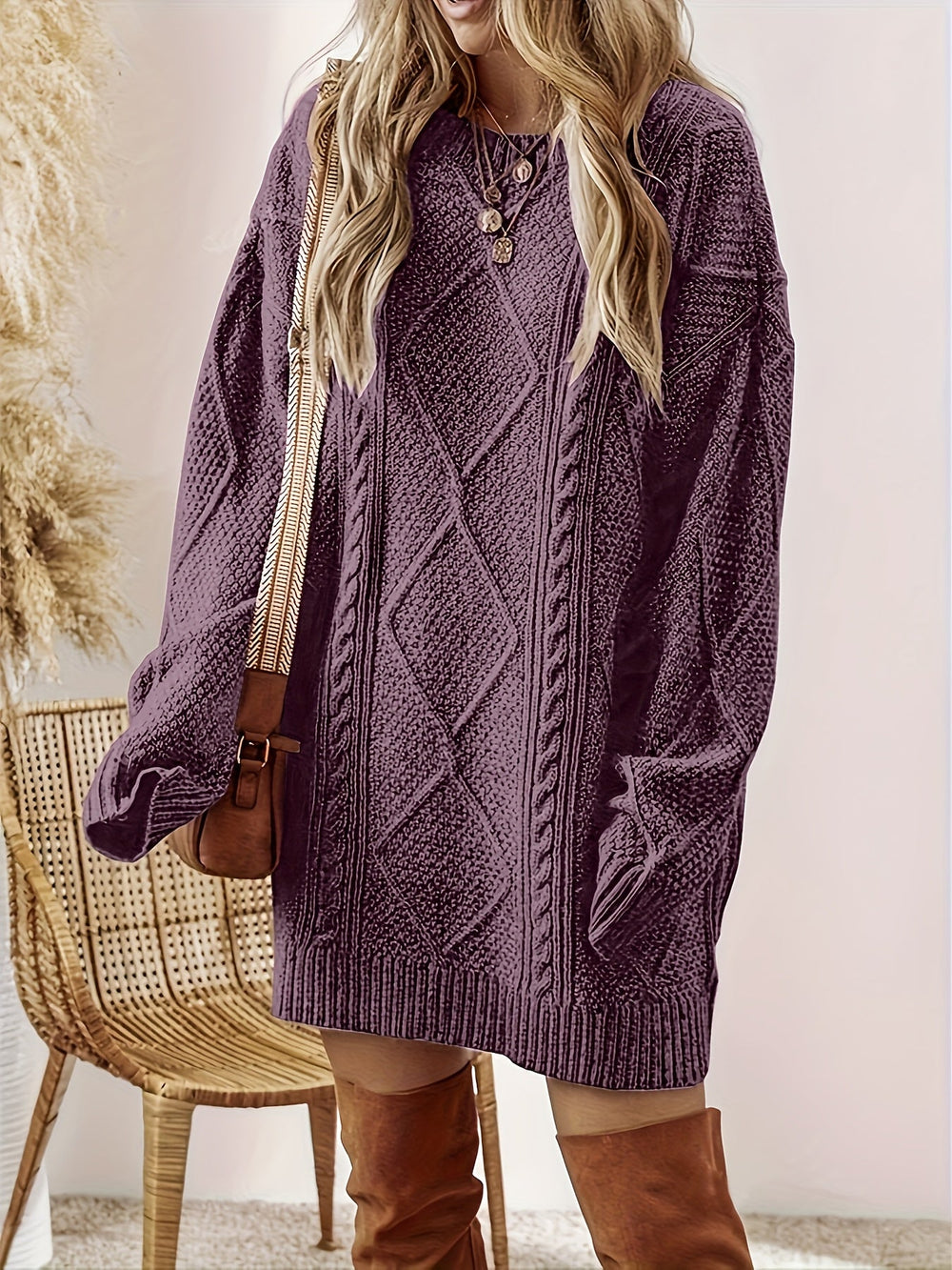 Georgette cable-knit sweater dress front view with crossbody bag