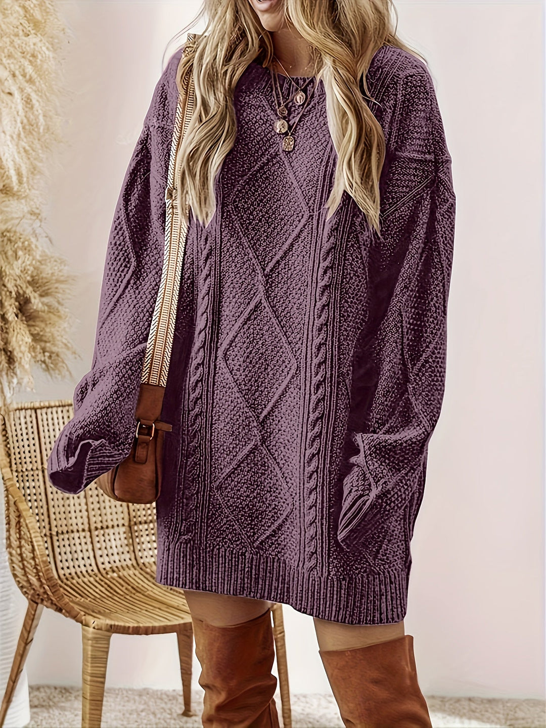 Georgette cable-knit sweater dress front view with crossbody bag
