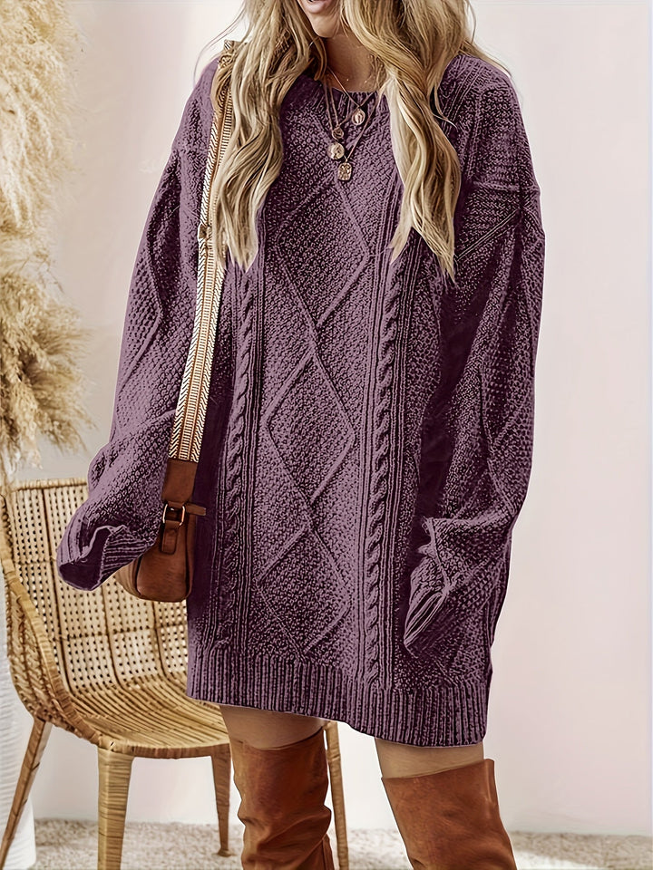 Georgette cable-knit sweater dress front view with crossbody bag