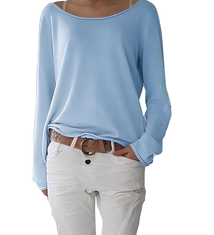 Georgia off-shoulder oversized sweater in light blue, front view