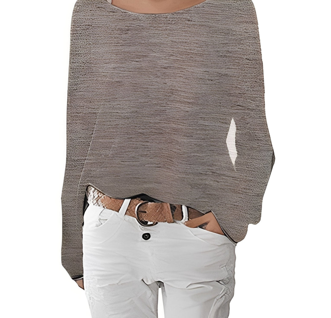 Georgia off-shoulder oversized sweater in taupe heather, front view