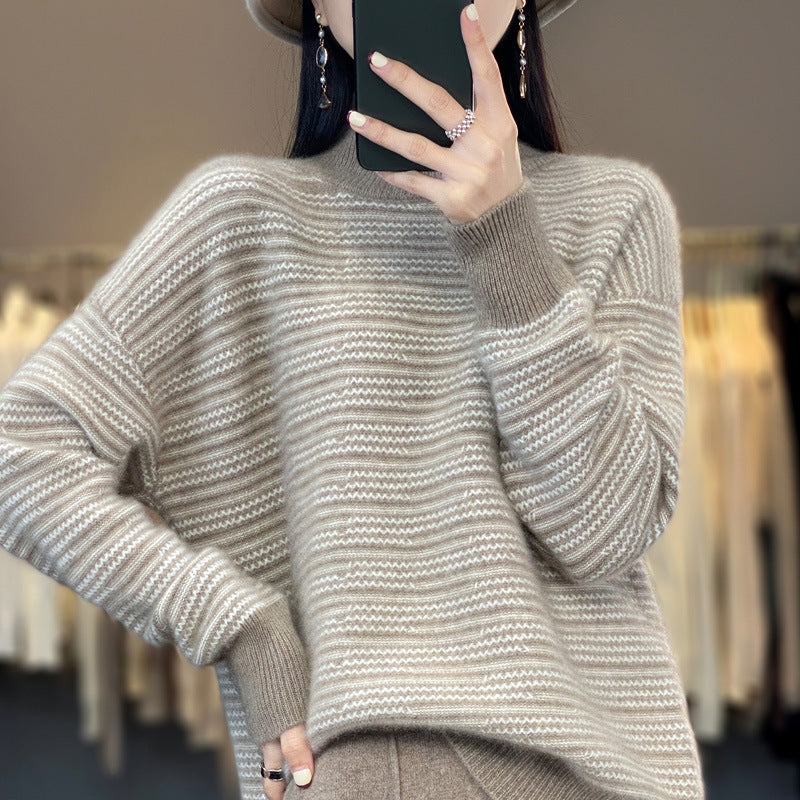 Georgia striped mock neck sweater with thumbhole sleeves, front view in neutral tone