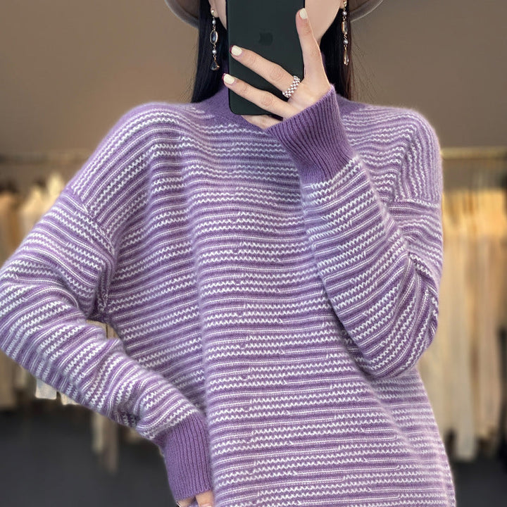 Georgia striped mock neck sweater in soft purple, front view