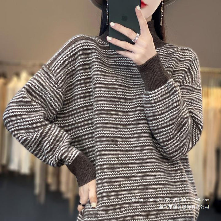 Georgia striped thumbhole sweater in dark brown, close-up front view