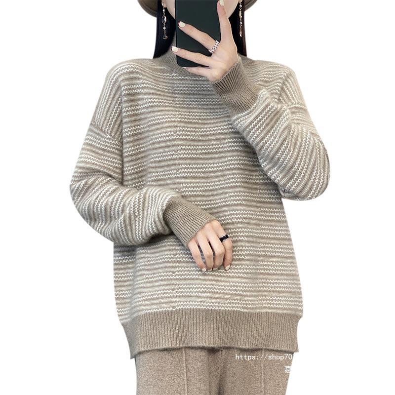 Georgia striped mock neck sweater in neutral tone, full front view