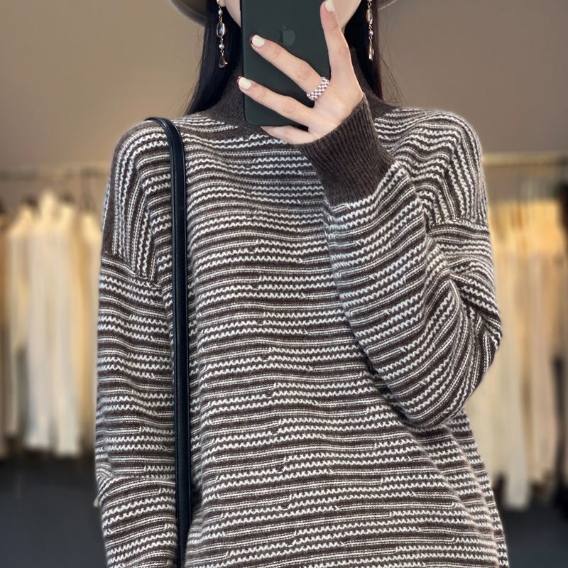 Georgia striped mock neck sweater in dark brown, close-up view with bag