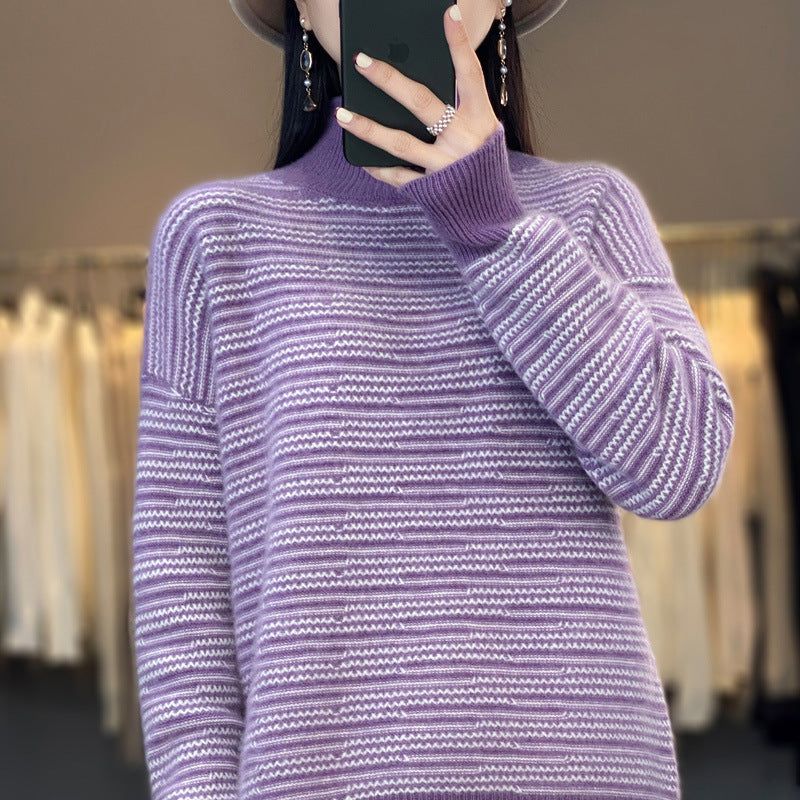Georgia striped thumbhole sweater in soft purple, close-up front view