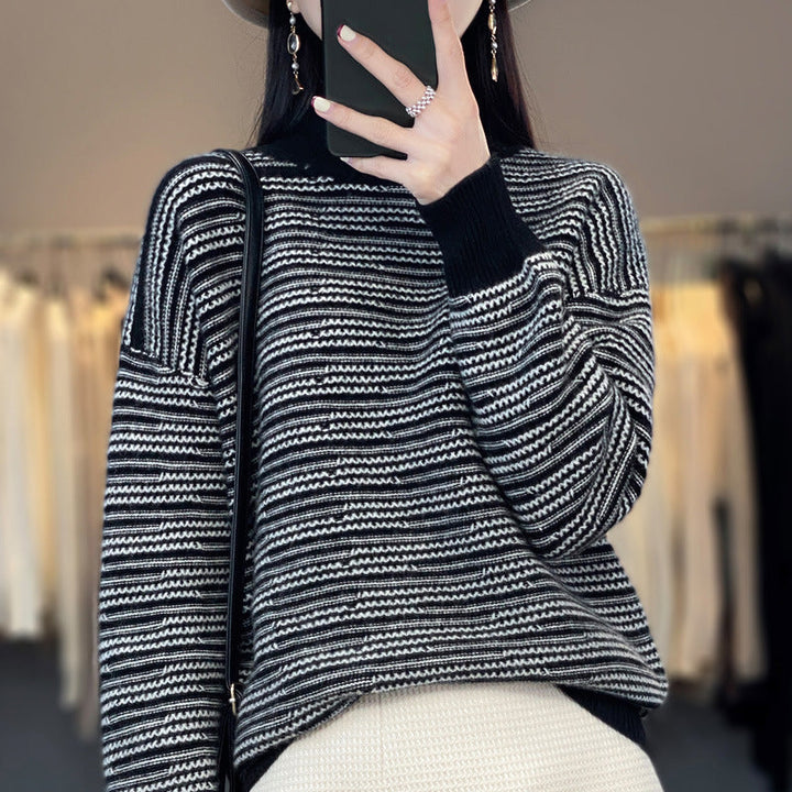 Georgia striped mock neck sweater in black and white, close-up view