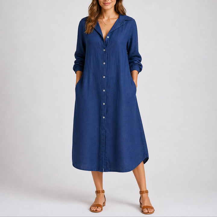 Georgina long sleeve button down midi shirt dress, front view in navy