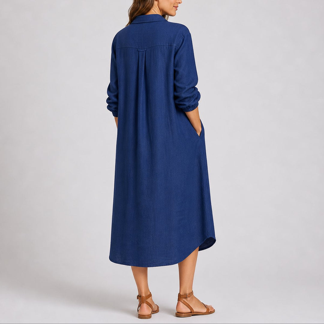 Georgina long sleeve button down midi shirt dress, back view in navy