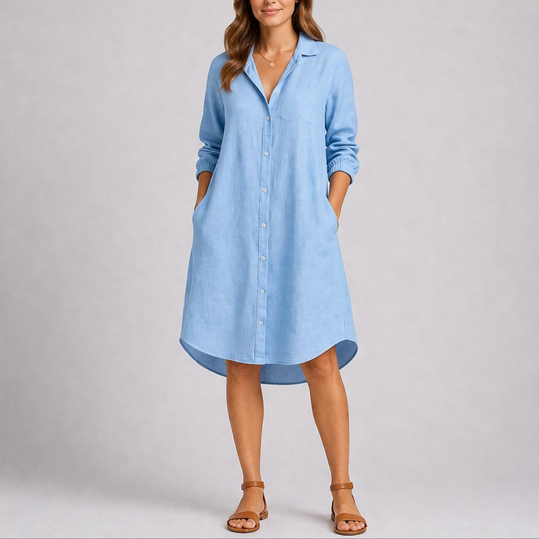 Georgina long sleeve button down midi shirt dress in light blue, front view