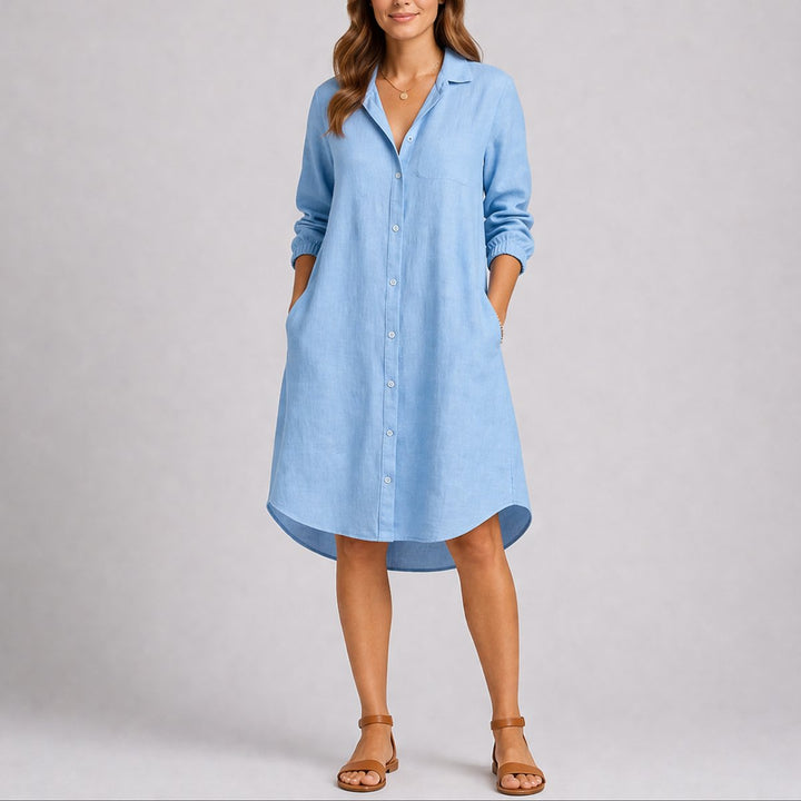 Georgina long sleeve button down midi shirt dress in light blue, front view