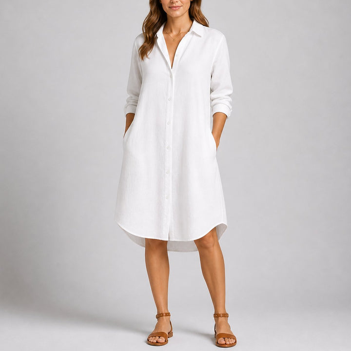 Georgina long sleeve button down midi shirt dress in white, front view