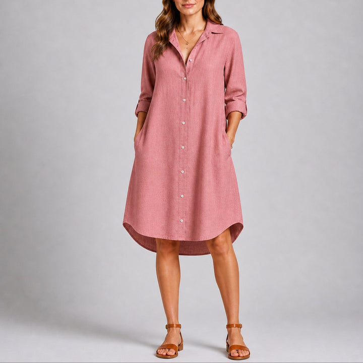 Georgina long sleeve button down midi shirt dress in dusty rose, front view