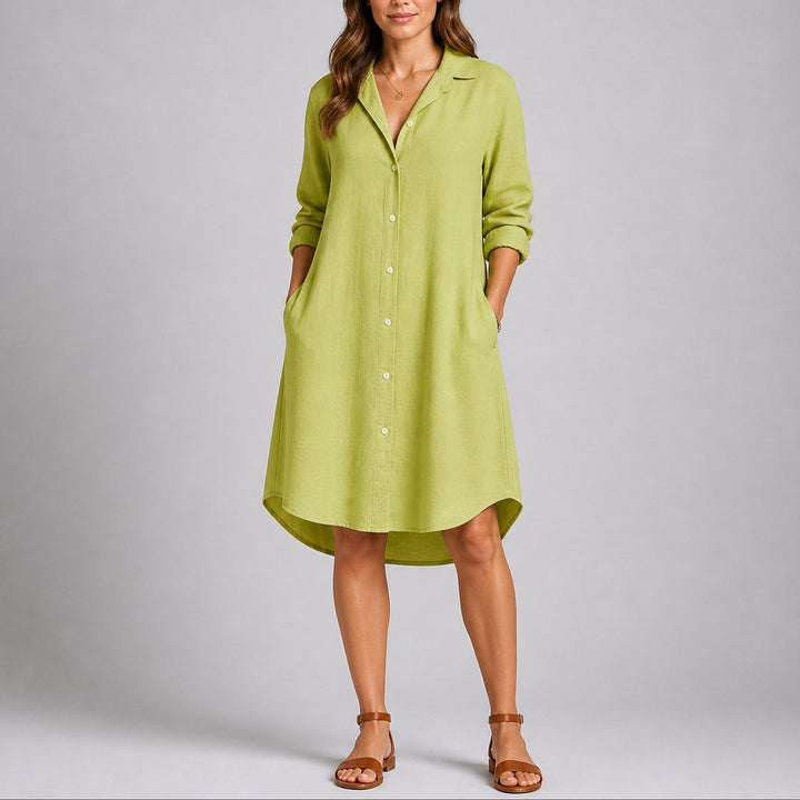 Georgina long sleeve button down midi shirt dress in green, front view