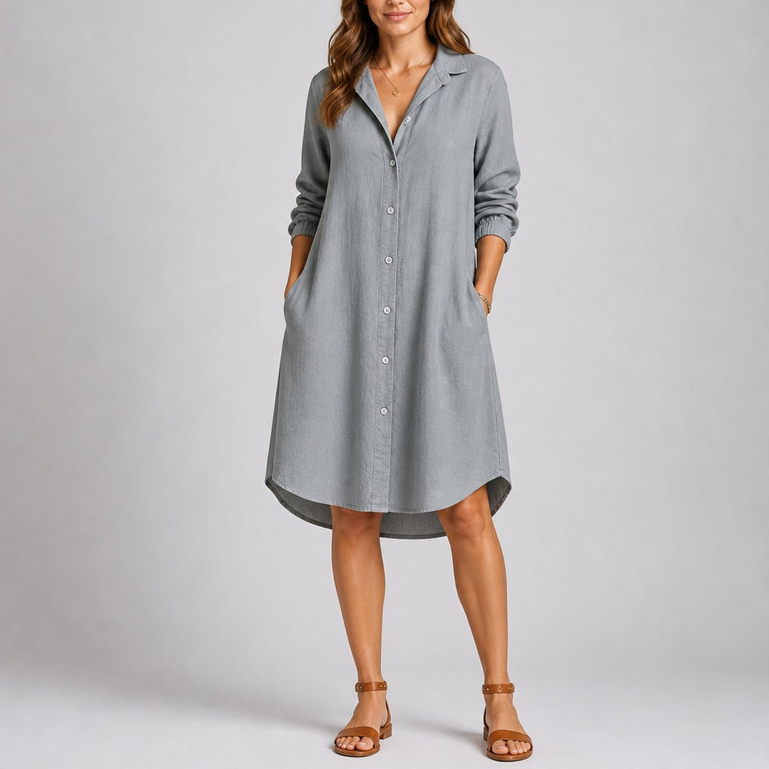 Georgina long sleeve button down midi shirt dress in gray, front view