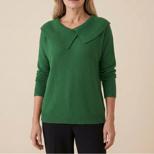 Guinevere asymmetric collar knit sweater, close-up front view