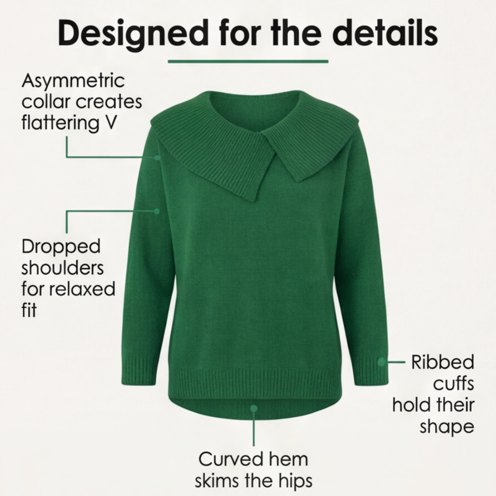 Guinevere asymmetric collar knit sweater, worn at a cafe table
