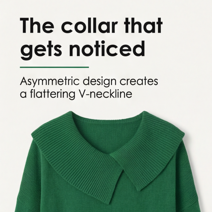 Guinevere asymmetric collar knit sweater, worn at a cafe table