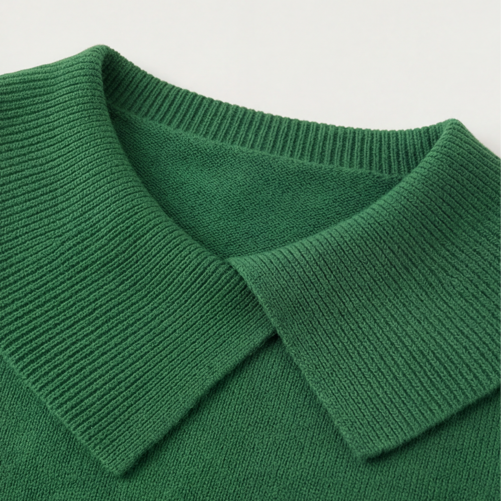 Guinevere asymmetric collar knit sweater, worn at a cafe table