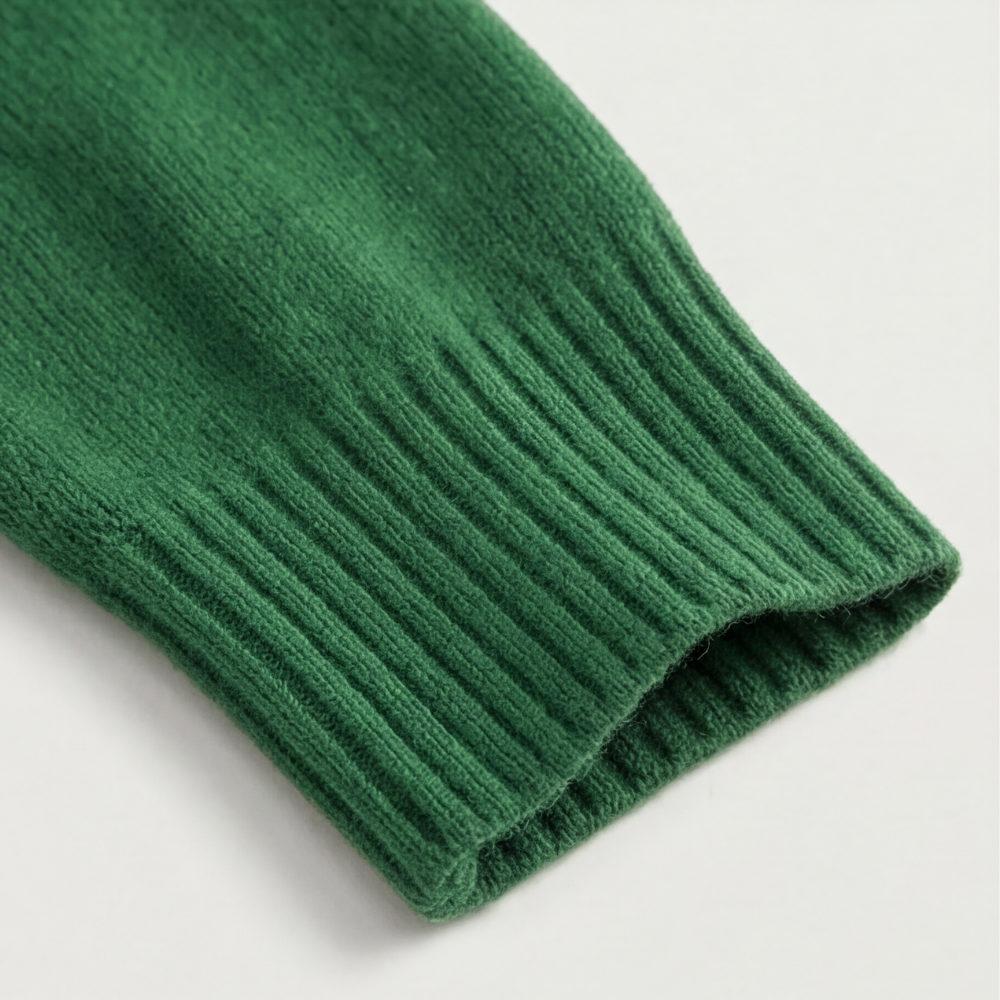 Guinevere asymmetric collar knit sweater, worn at a cafe table