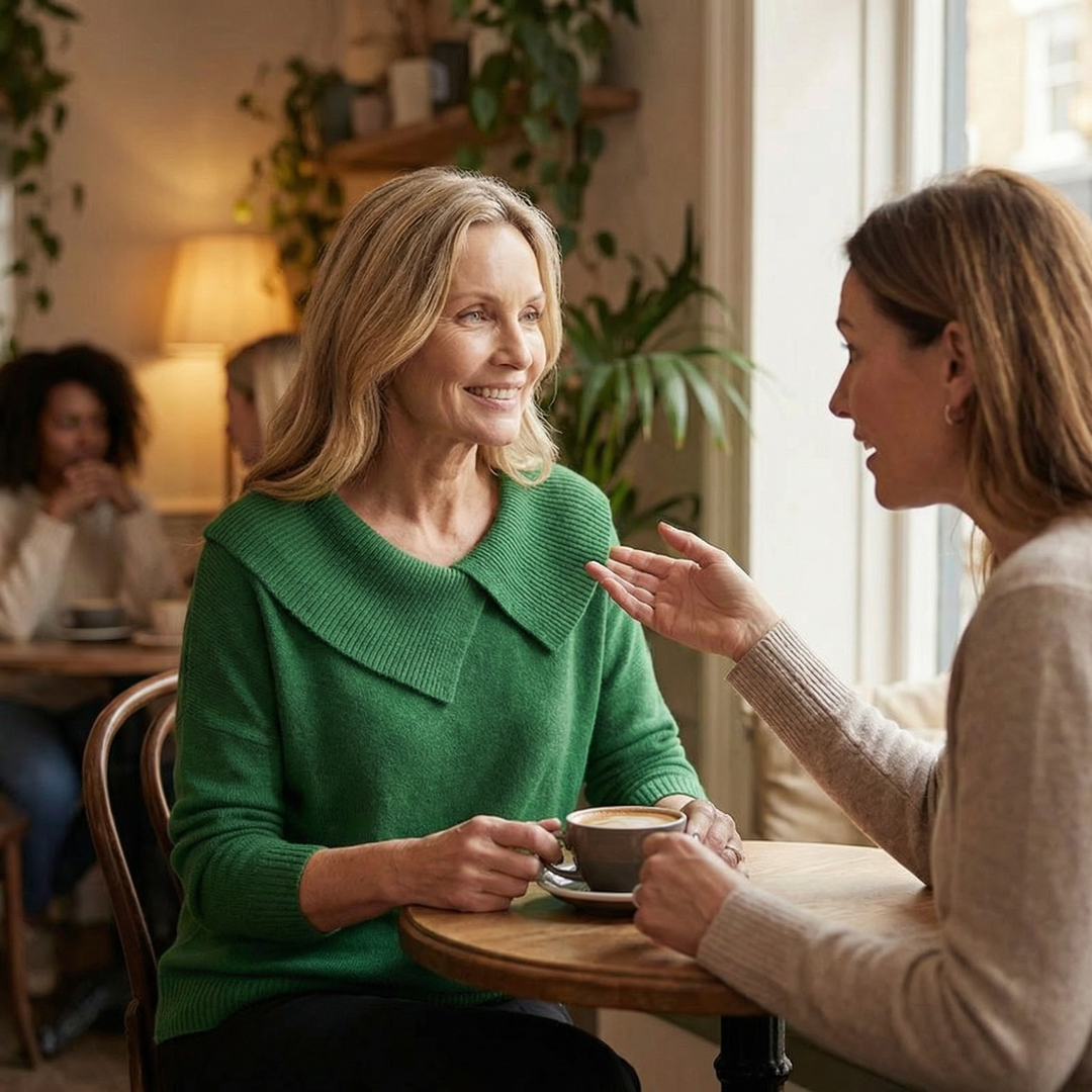 Guinevere asymmetric collar knit sweater, worn at a cafe table