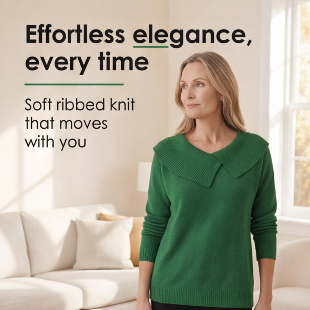 Guinevere asymmetric collar knit sweater, worn at a cafe table
