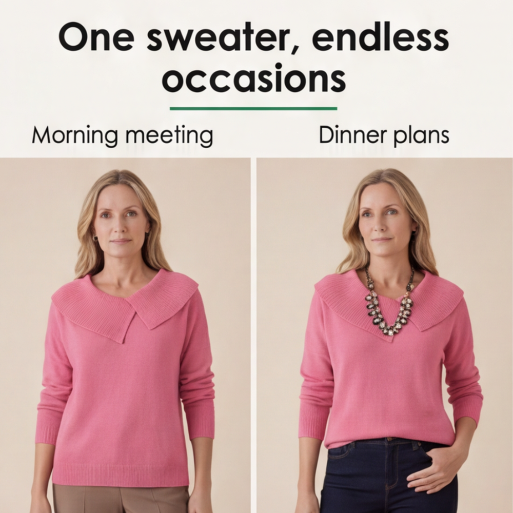 Guinevere asymmetric collar knit sweater, worn at a cafe table