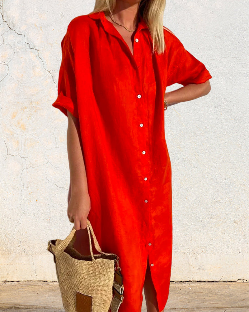 Harlow button down midi shirt dress front view in red