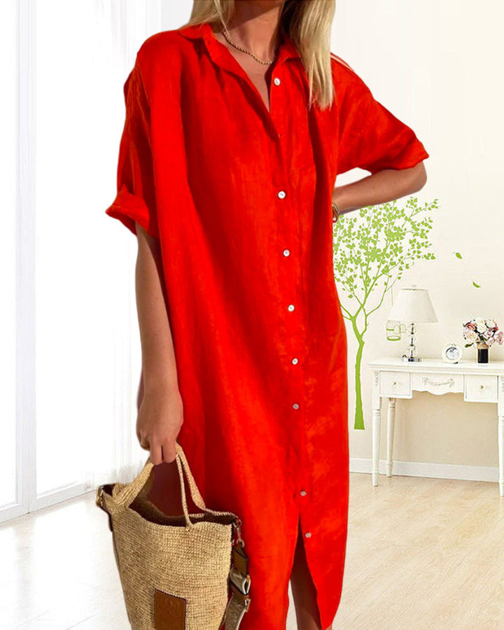 Harlow button down midi shirt dress side view in red