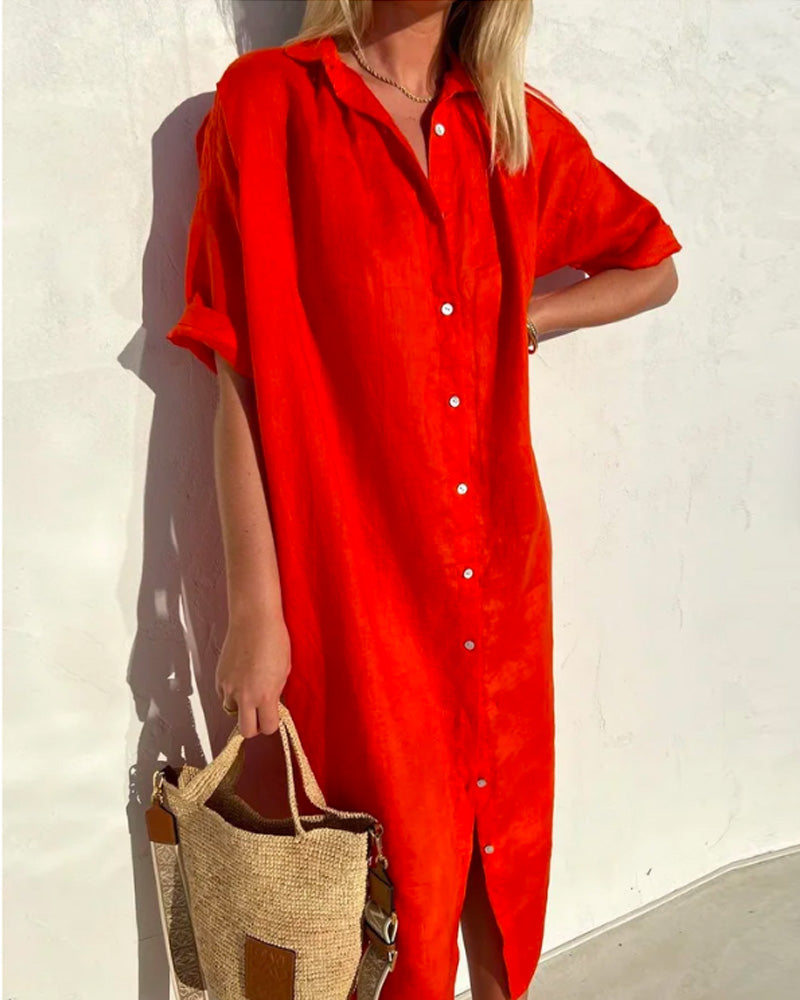 Harlow button down midi shirt dress close up in red
