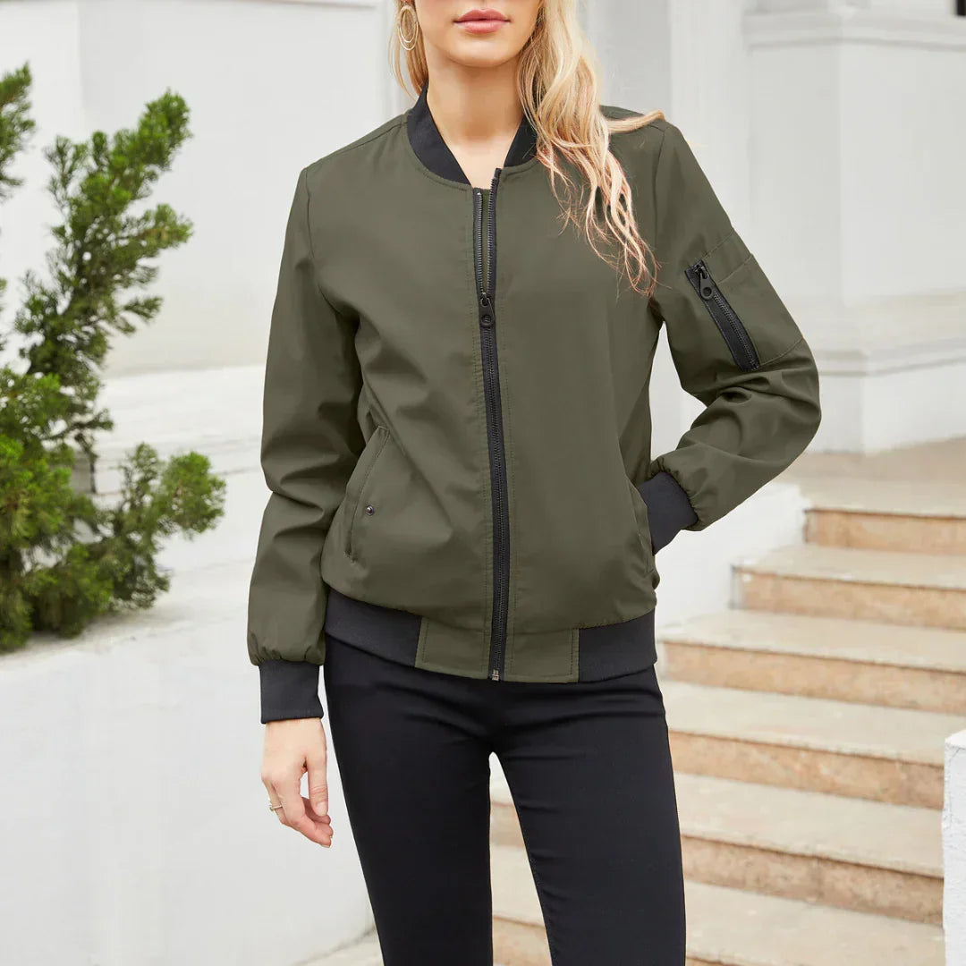 Harlow casual bomber jacket in military green, front view
