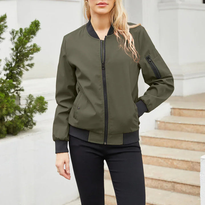 Harlow casual bomber jacket in military green, front view
