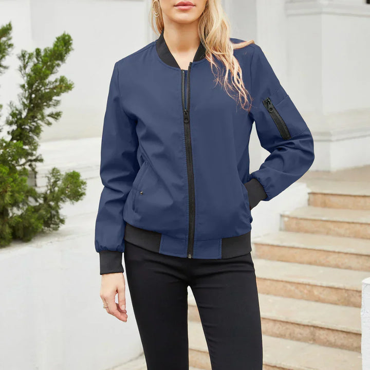 Harlow casual bomber jacket in navy blue, front view