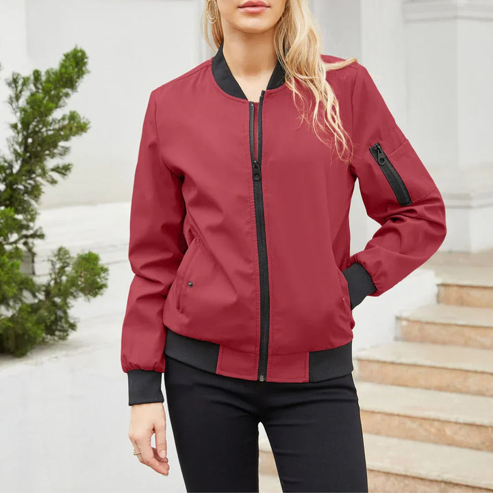 Harlow casual bomber jacket in wine red, front view