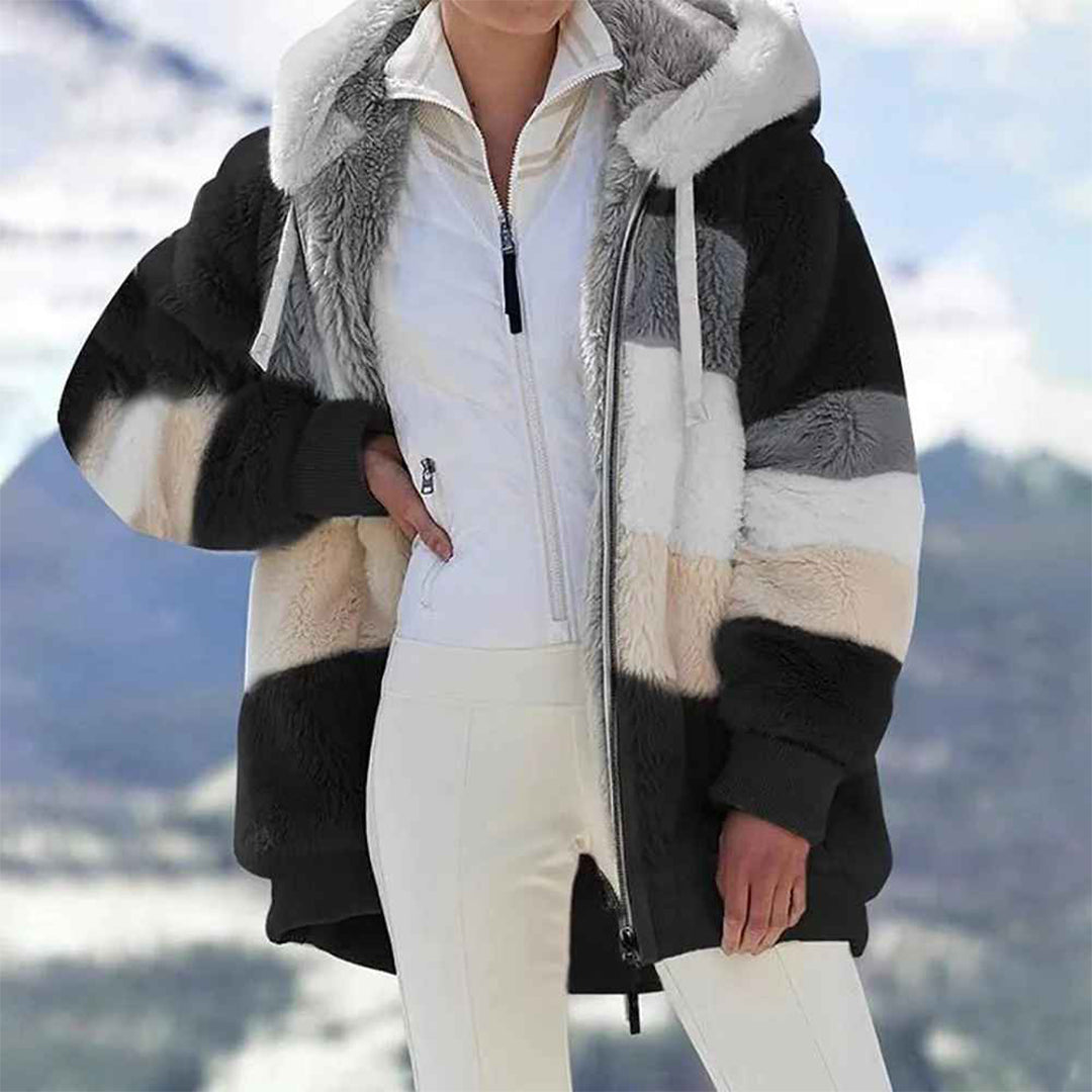 Harlow black and gray color block hooded fleece jacket, front view on model