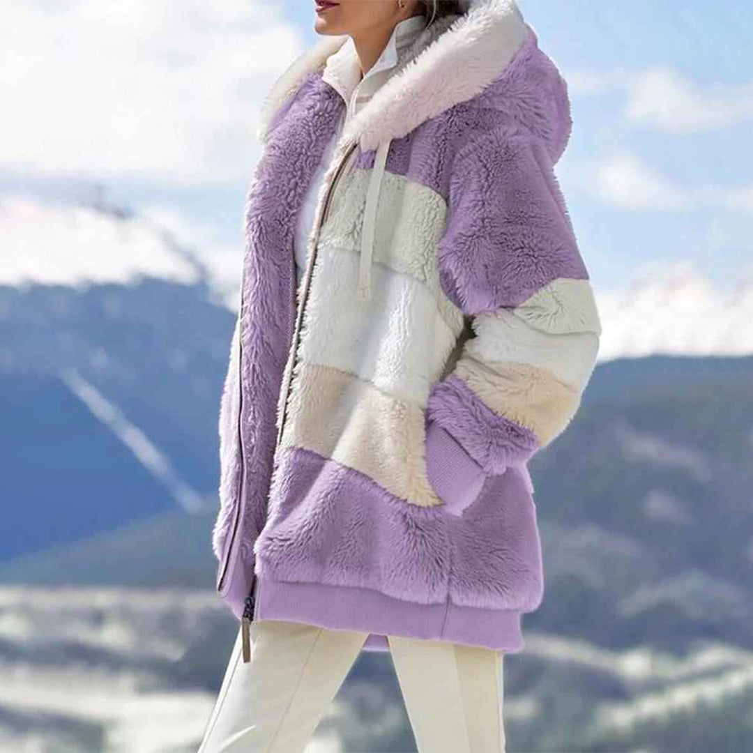 Harlow purple color block hooded fleece jacket, side view on model