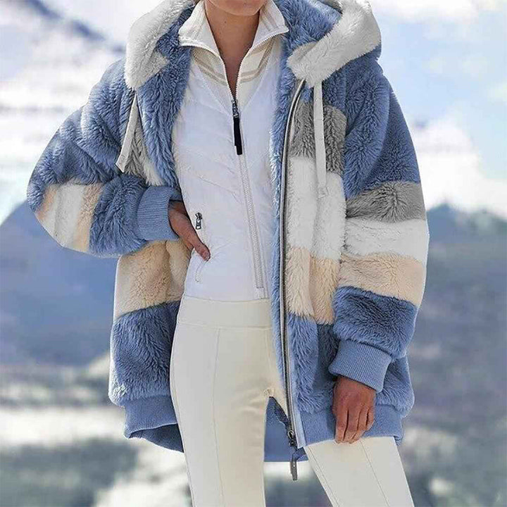 Harlow blue color block hooded fleece jacket, front view on model