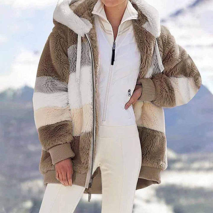 Harlow tan color block hooded fleece jacket, front view on model
